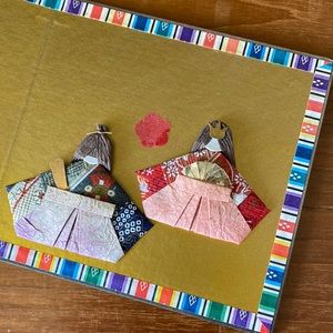 Vintage Mini Japanese Background Screen w/Washi Origami Hina Ningyo
